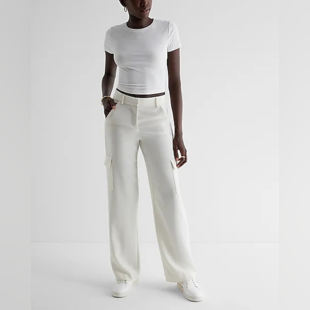 Express Womens Off White Super High Waisted Belted Cargo Trouser Pants. Sz 4R